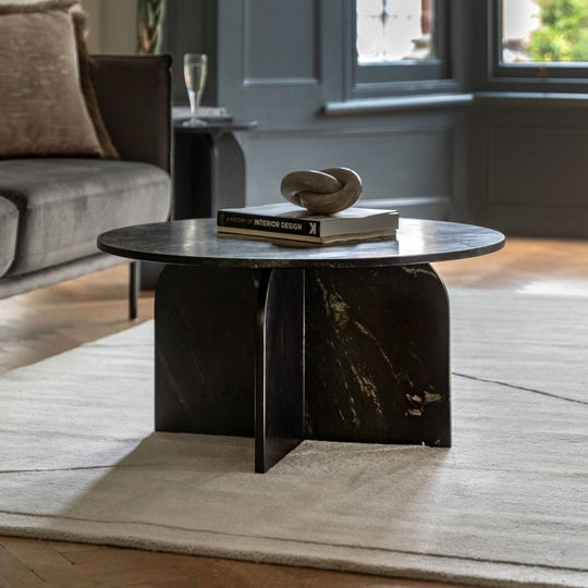 Black Marble Round Coffee Table with Sculptural Arched Base