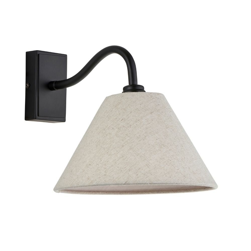 Contemporary black metal wall light with beige linen fabric shade isolated on white background.