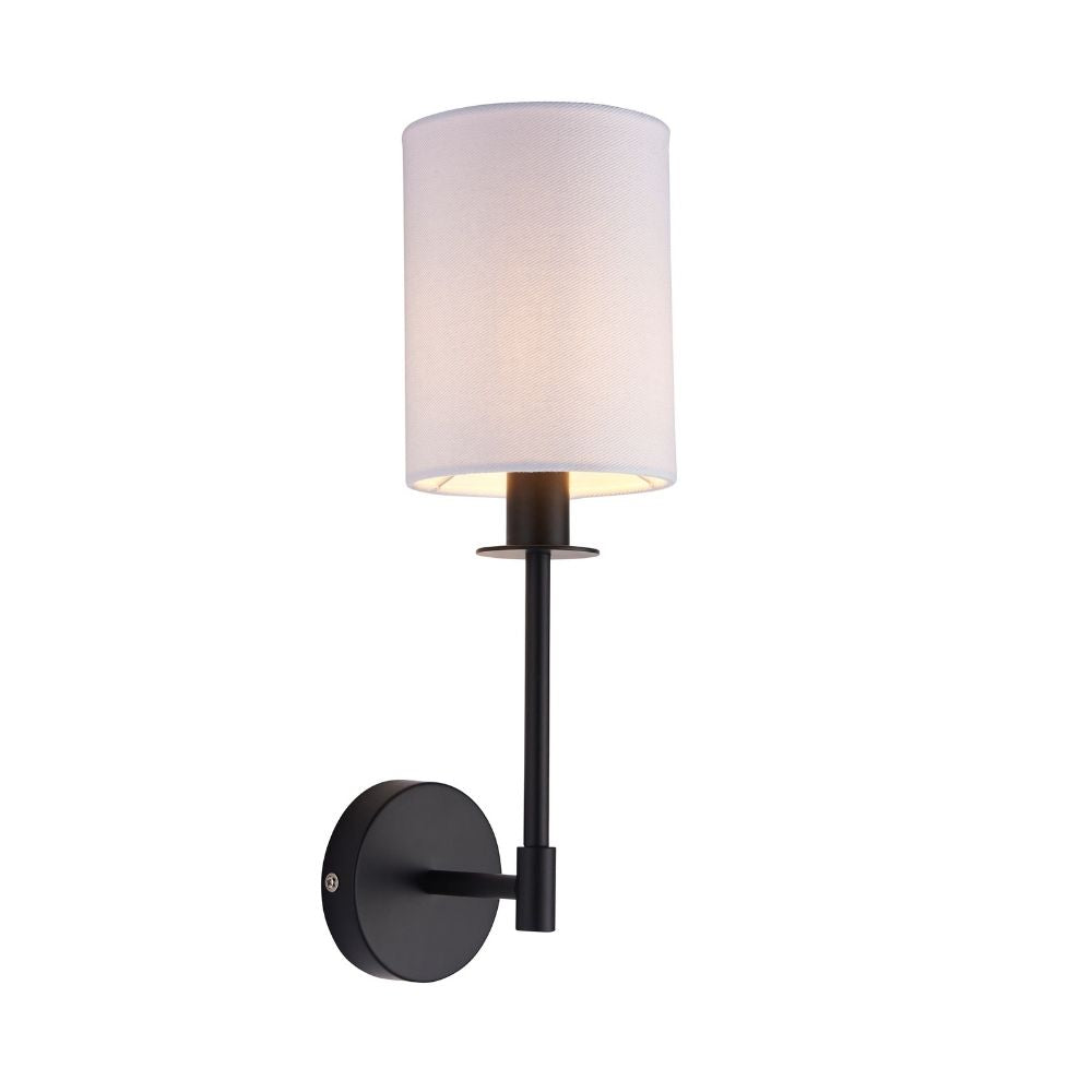 Minimalist black metal wall light featuring a white cylindrical fabric shade isolated on a plain background.
