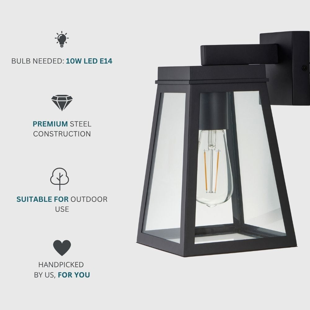 Black outdoor lantern wall light requiring E14 LED bulb with modern steel construction suitable for outdoor use.