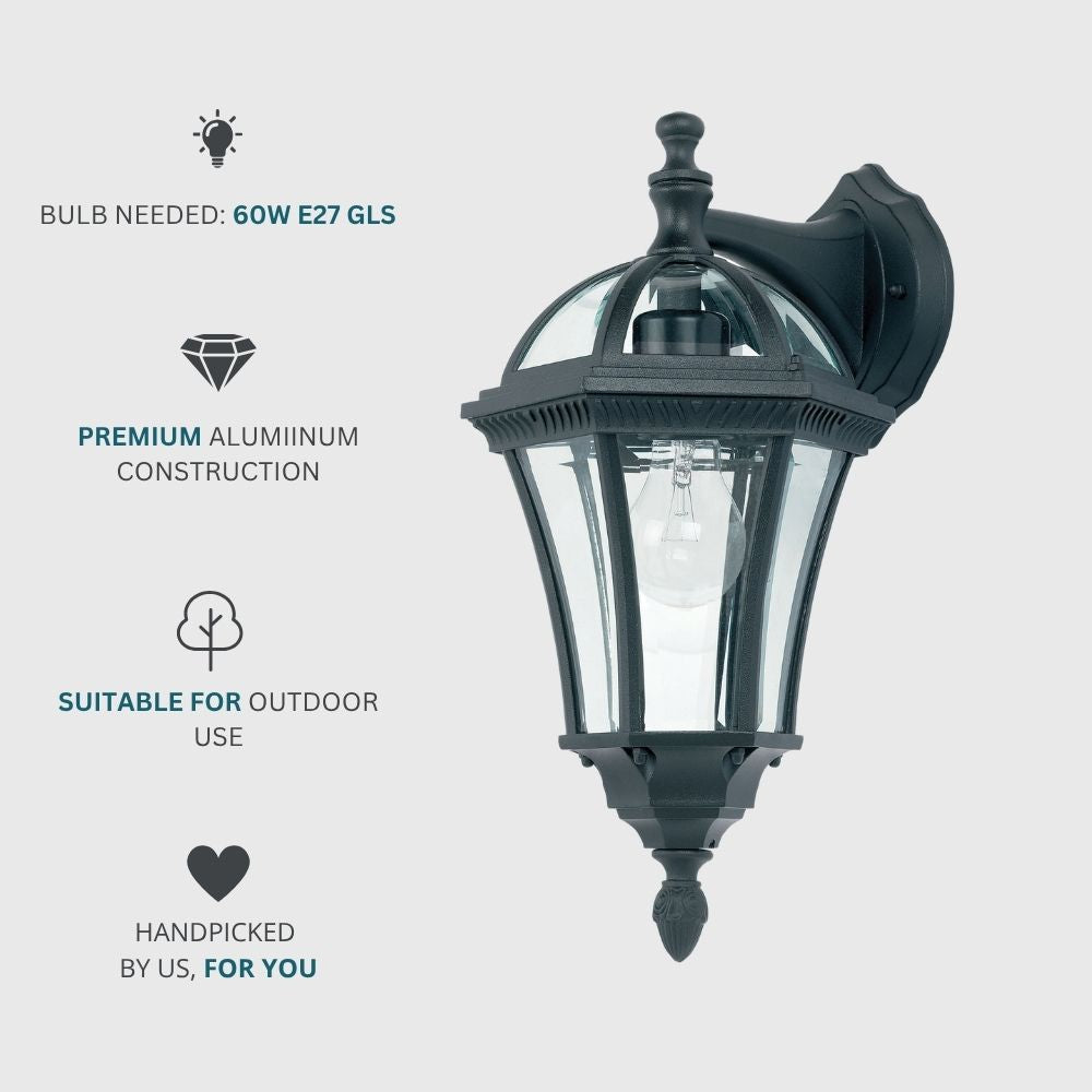 Black outdoor wall lantern requiring E27 bulb with premium aluminium construction suitable for exterior use.