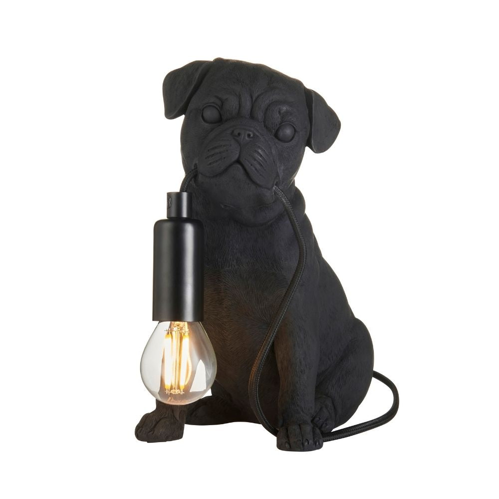 Novelty black pug resin table lamp with exposed bulb and cable detail, isolated on neutral background highlighting playful modern lighting design.
