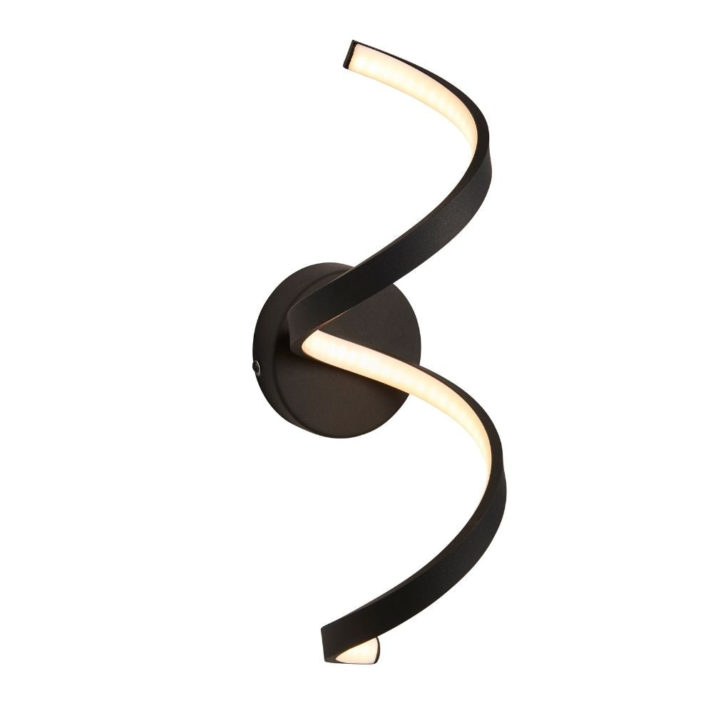 Modern black spiral LED wall light with integrated warm lighting isolated on a plain background.