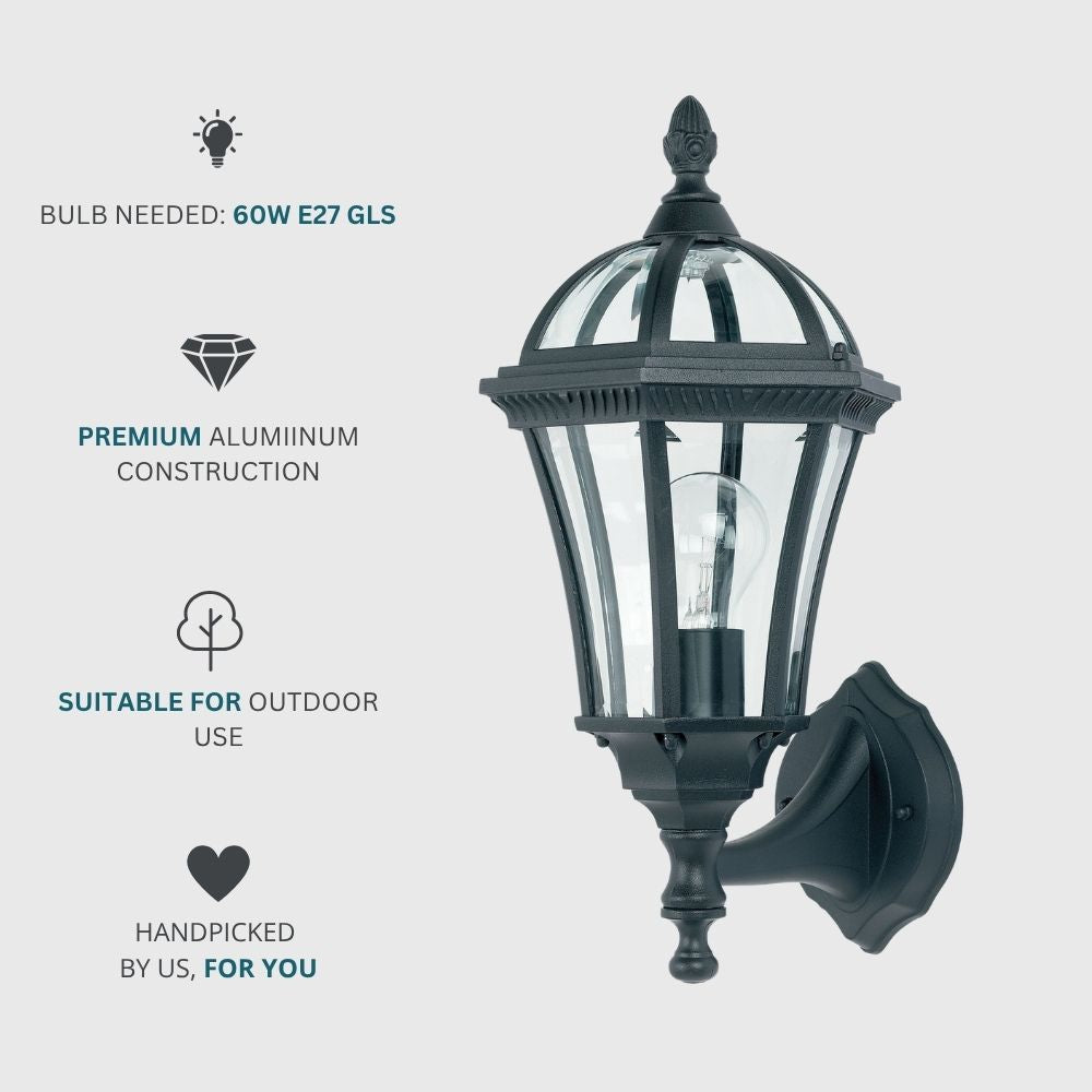 Black outdoor wall lantern requiring E27 bulb with premium aluminium construction suitable for exterior use.