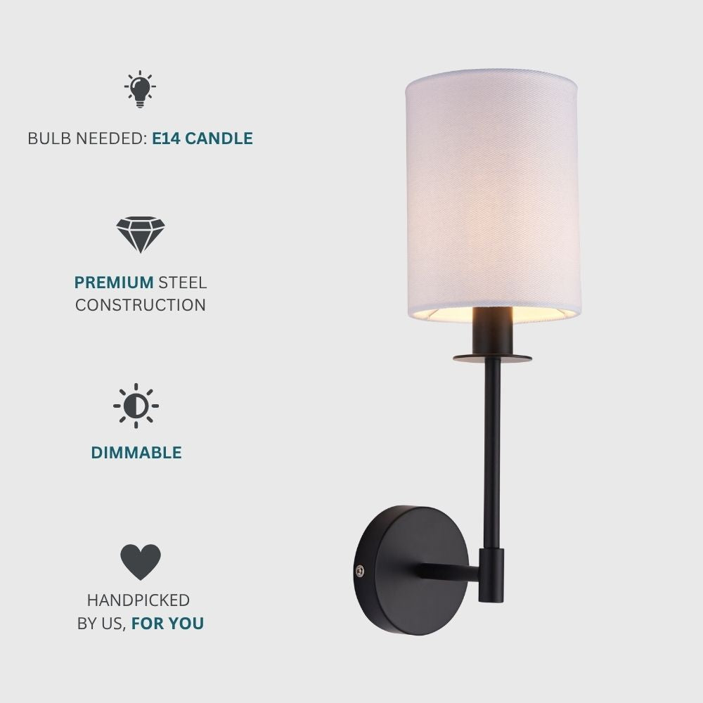 Black wall light with white fabric shade highlighting E14 bulb compatibility, dimmable feature and premium steel construction.