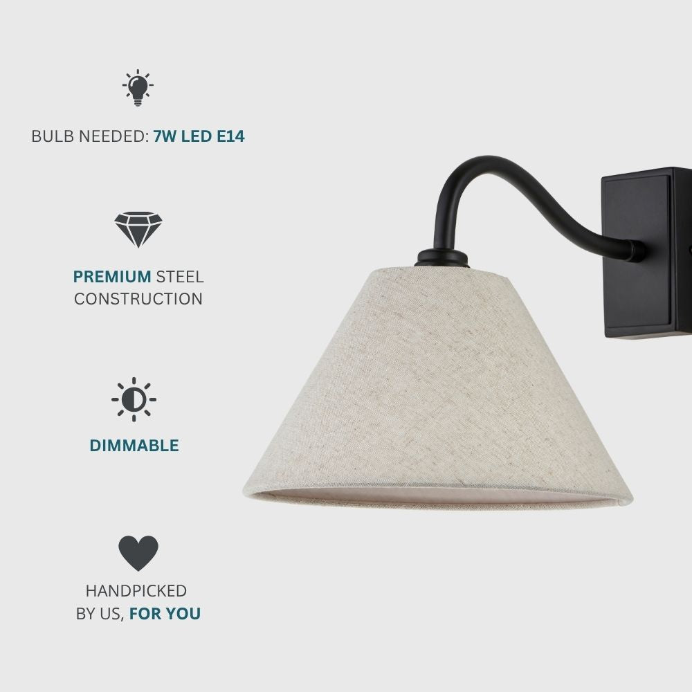 Black wall light with linen shade requiring E14 LED bulb featuring dimmable function and durable steel construction.