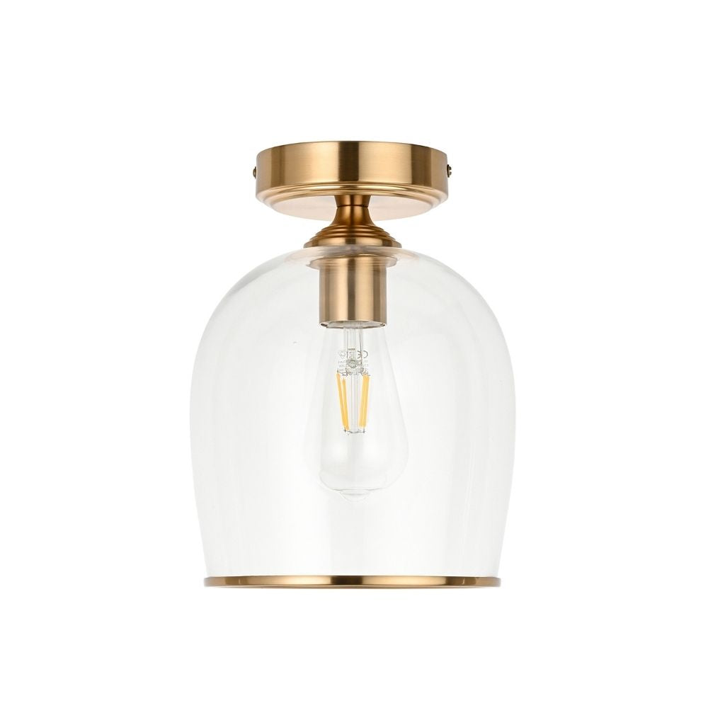 Front product view of a brass ceiling light with a clear glass shade and visible LED filament bulb on a neutral background.