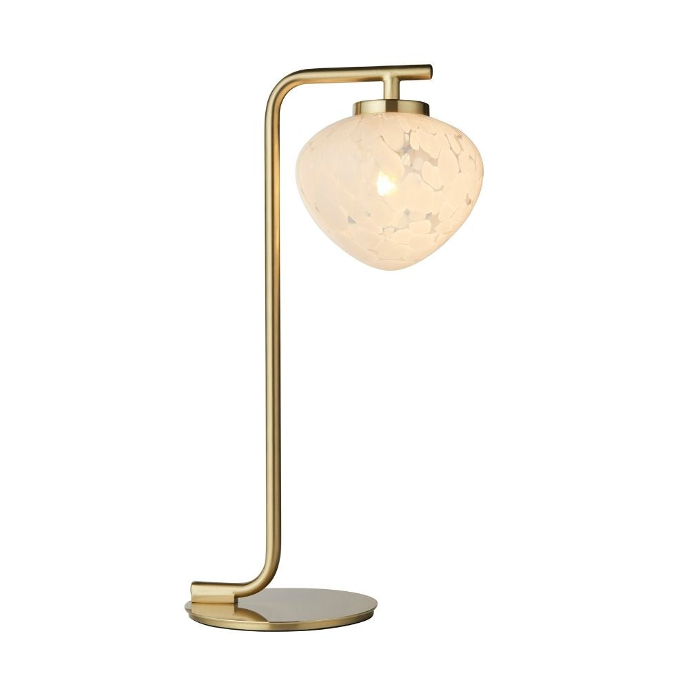 Minimalist brass and glass table lamp with curved arm and frosted textured shade, isolated on neutral background showcasing elegant modern design.