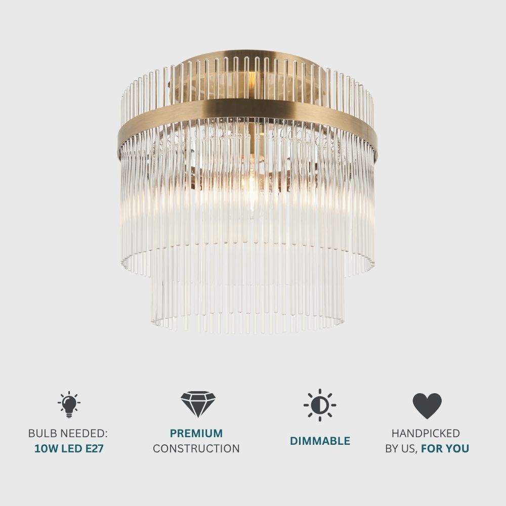 Brass and glass rod flush ceiling light displayed with icons showing LED bulb requirement, dimmable function and premium construction.