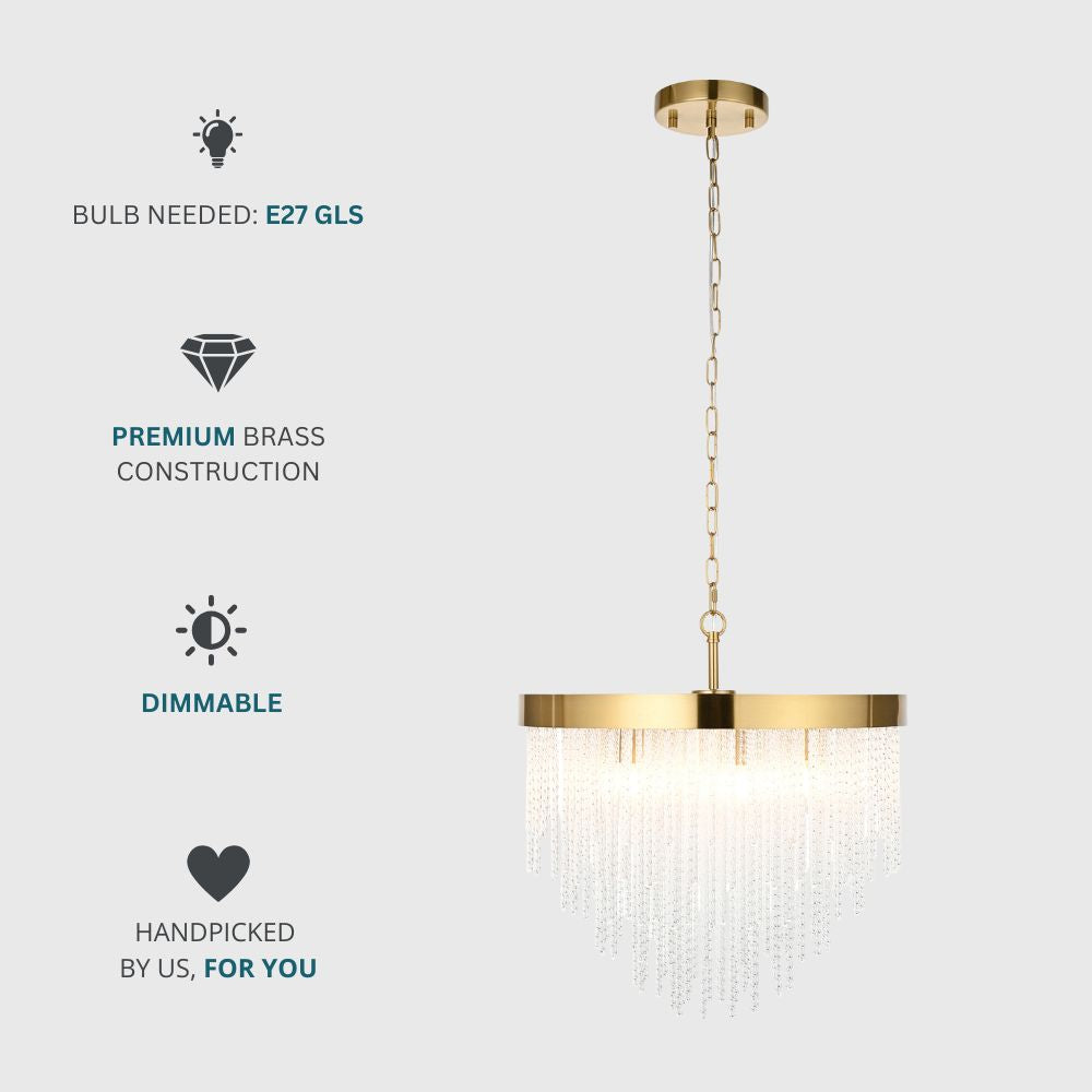 Brass pendant light with glass rods alongside icons showing E27 GLS bulb requirement, dimmable function and premium brass construction.