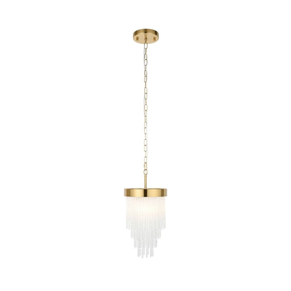 Elegant brass pendant light with layered glass drop detailing suspended from a chain against a plain background.
