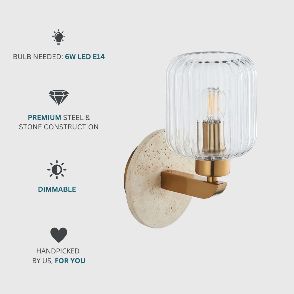 Feature card showing a brass and stone wall light with ribbed clear glass shade, dimmable function and premium steel and stone construction.