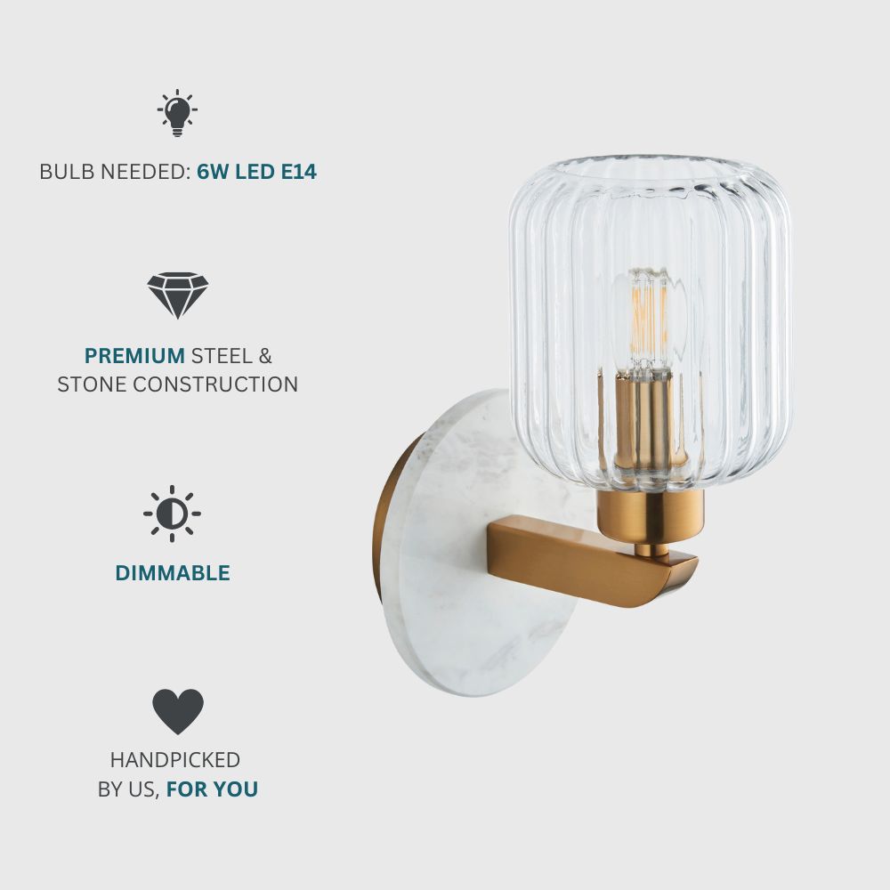 Feature card displaying a brass and white marble wall light with dimmable function and premium steel and stone construction.