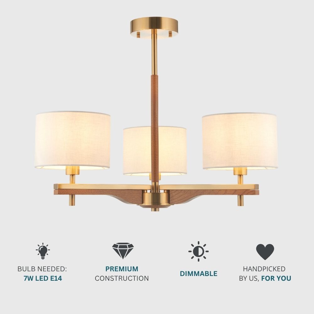 Brass and ash wood ceiling light displayed with icons showing dimmable feature, premium construction and bulb requirements.