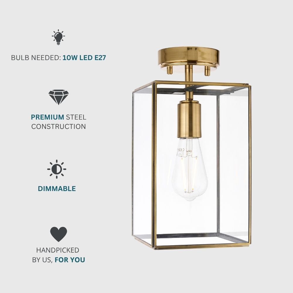Brass and glass ceiling light shown with icons highlighting LED bulb compatibility, premium steel construction and dimmable functionality.