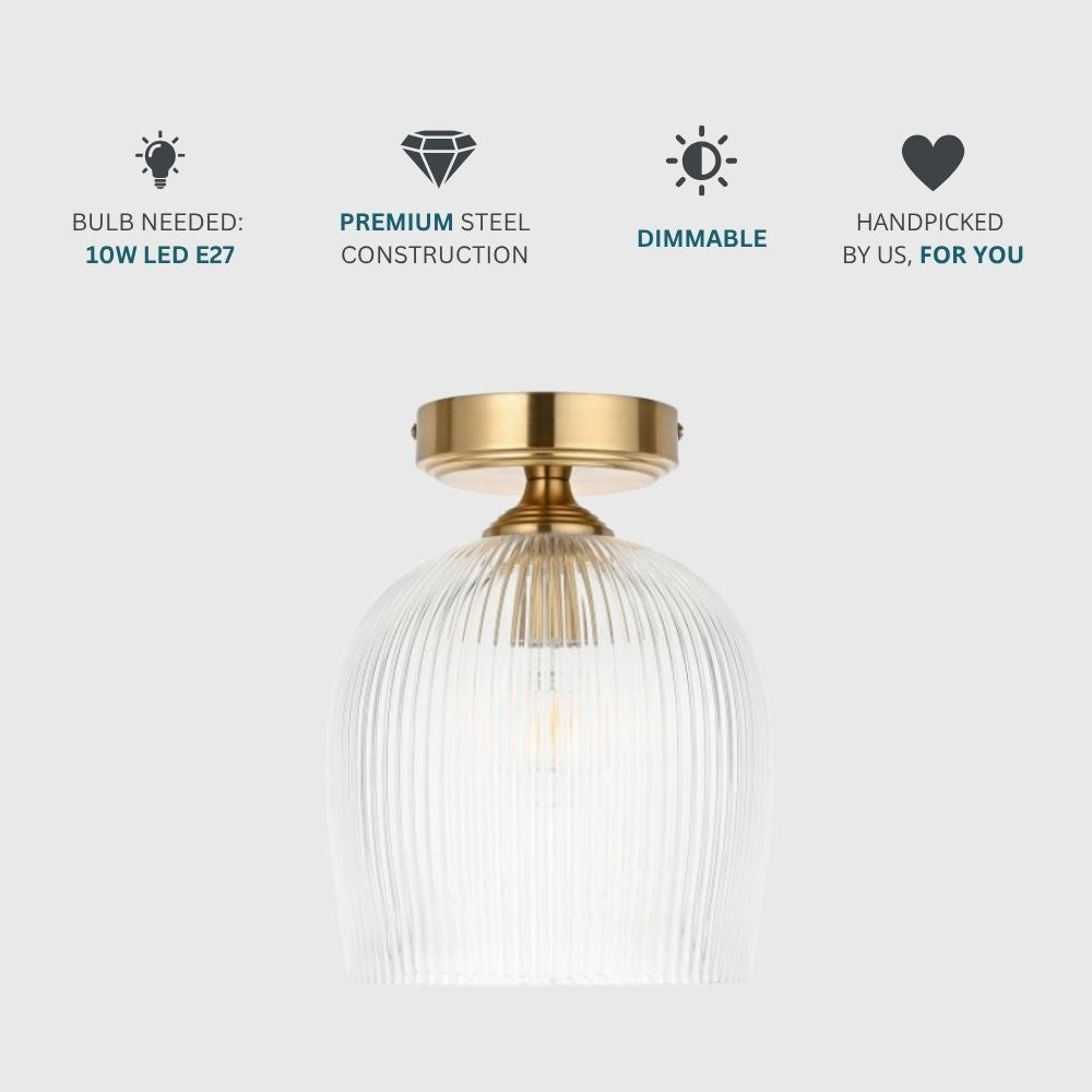 Brass ribbed glass ceiling light displayed with icons indicating LED bulb requirement, dimmable function and premium steel construction.