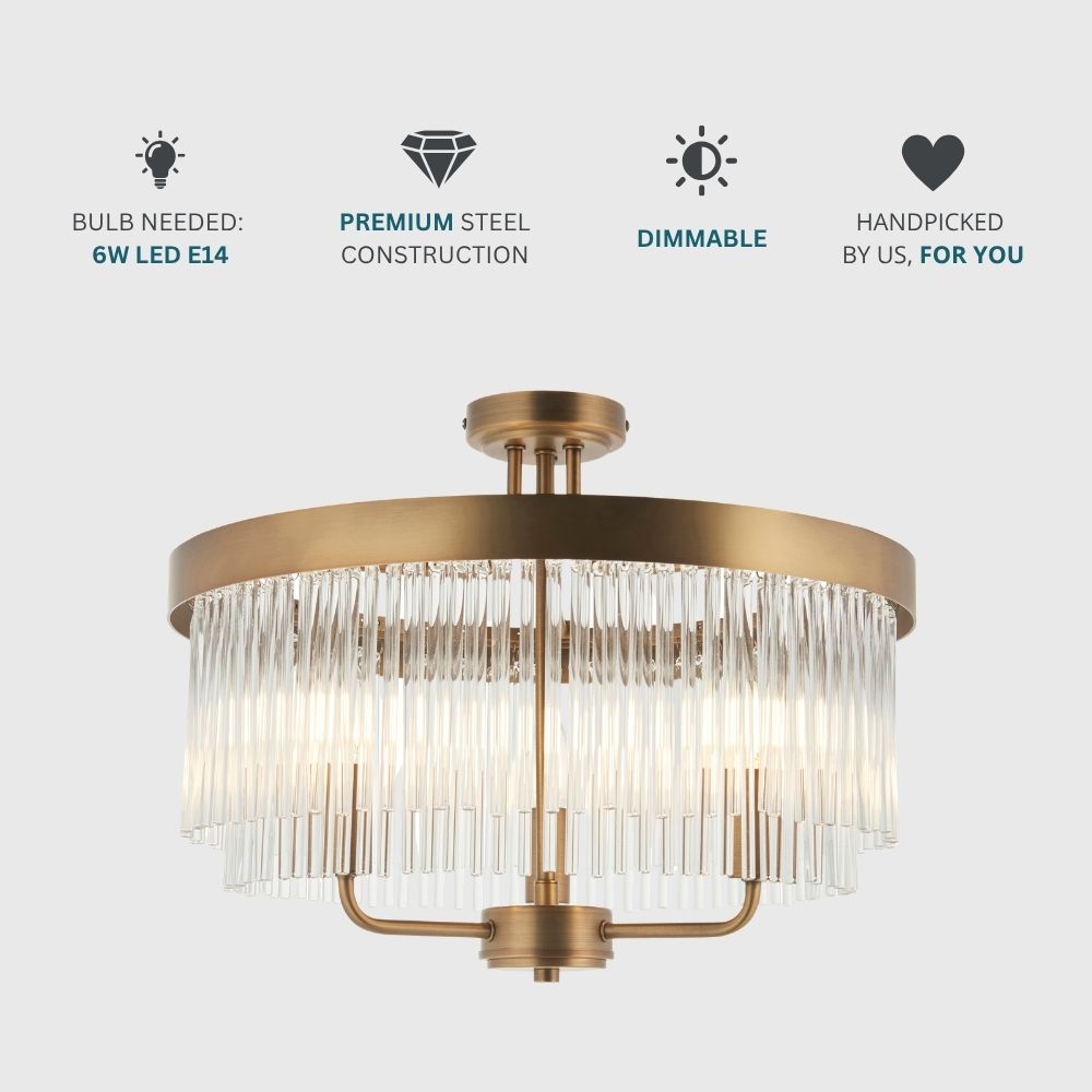 Brass and glass ceiling light shown with icons indicating 6W LED E14 bulb requirement, dimmable function and premium steel construction.