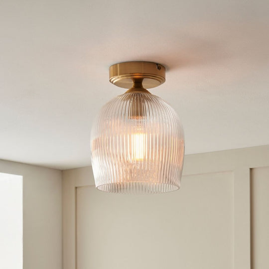 Brass Ribbed Glass Flush Ceiling Light