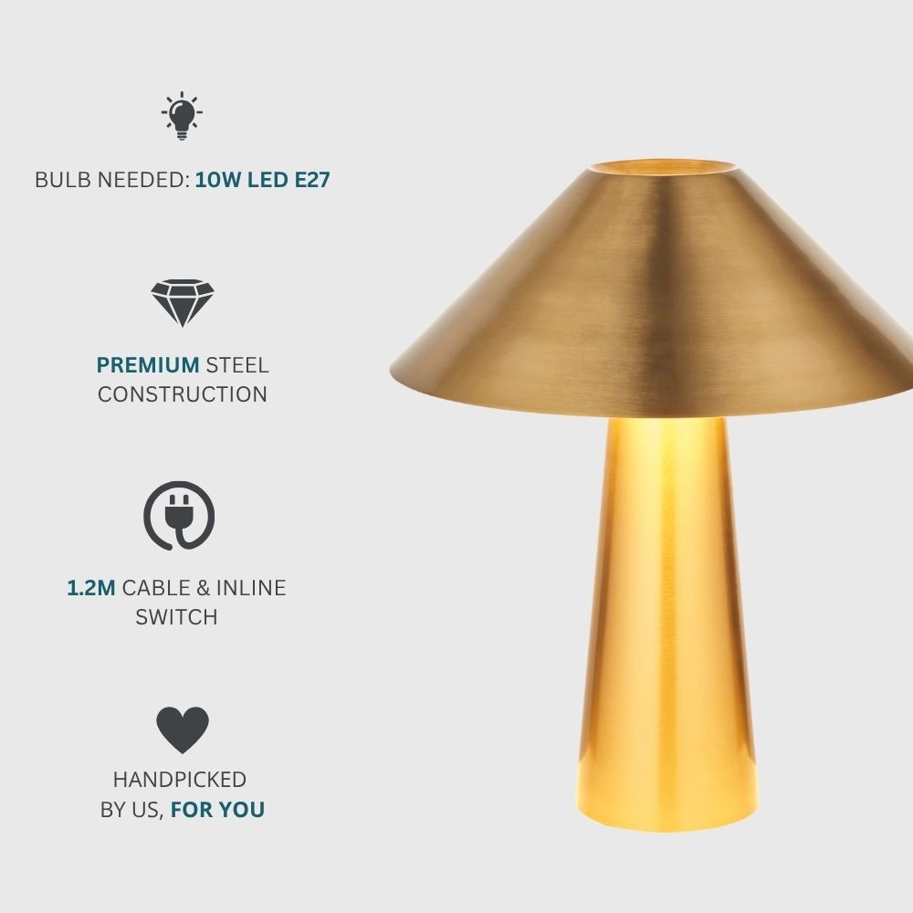 Brass table lamp with E27 10W LED bulb requirement, premium steel construction, and 1.2 metre cable with inline switch.