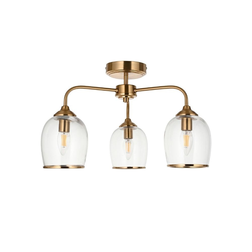 Front view of a brass ceiling light with three curved arms and clear glass shades on a neutral background.