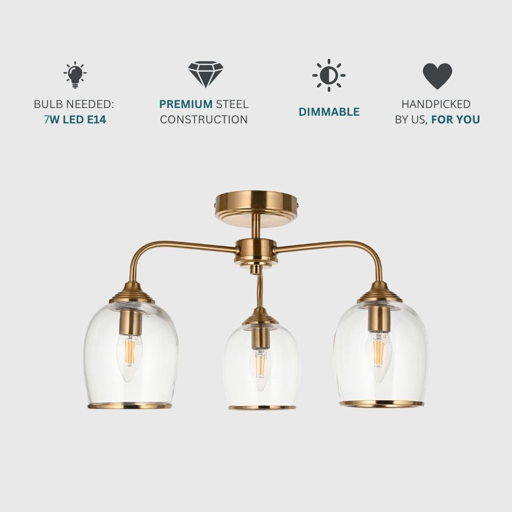 Brass ceiling light with three glass shades displayed with icons showing LED bulb requirement, dimmable function and premium steel construction.