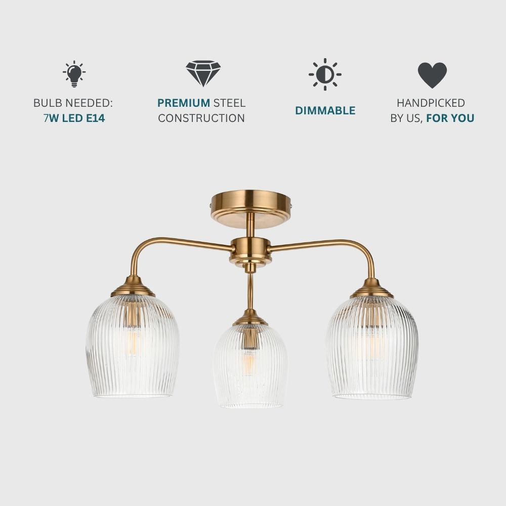 Brass ceiling light with ribbed glass shades displayed with icons showing LED bulb requirement, dimmable function and premium steel construction.