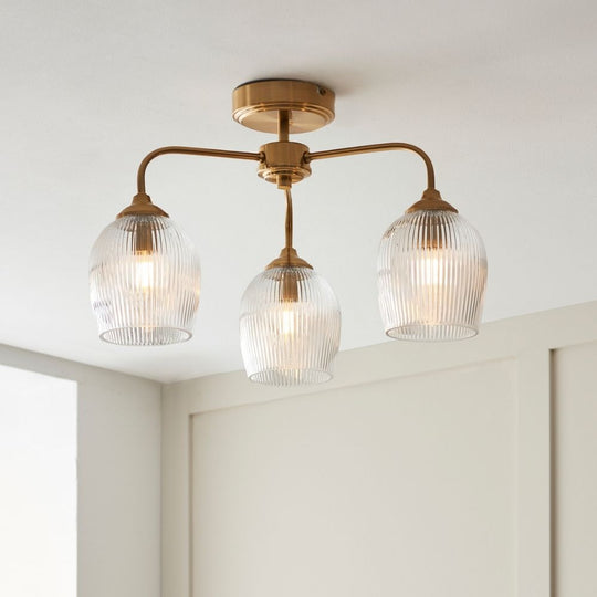 Brass 3 Light Semi Flush Ceiling Light with Ribbed Glass Shades