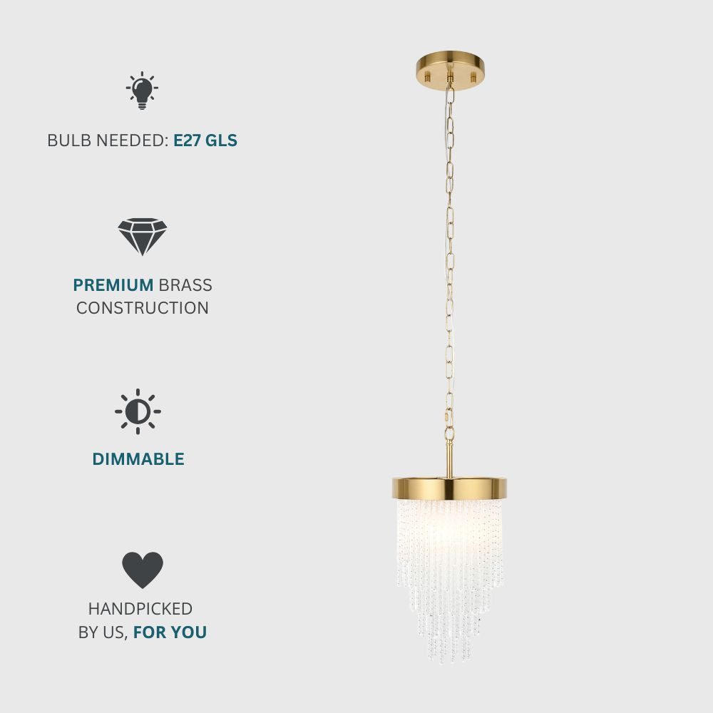 Brass and glass pendant light with icons showing E27 GLS bulb requirement, dimmable feature and premium brass construction.