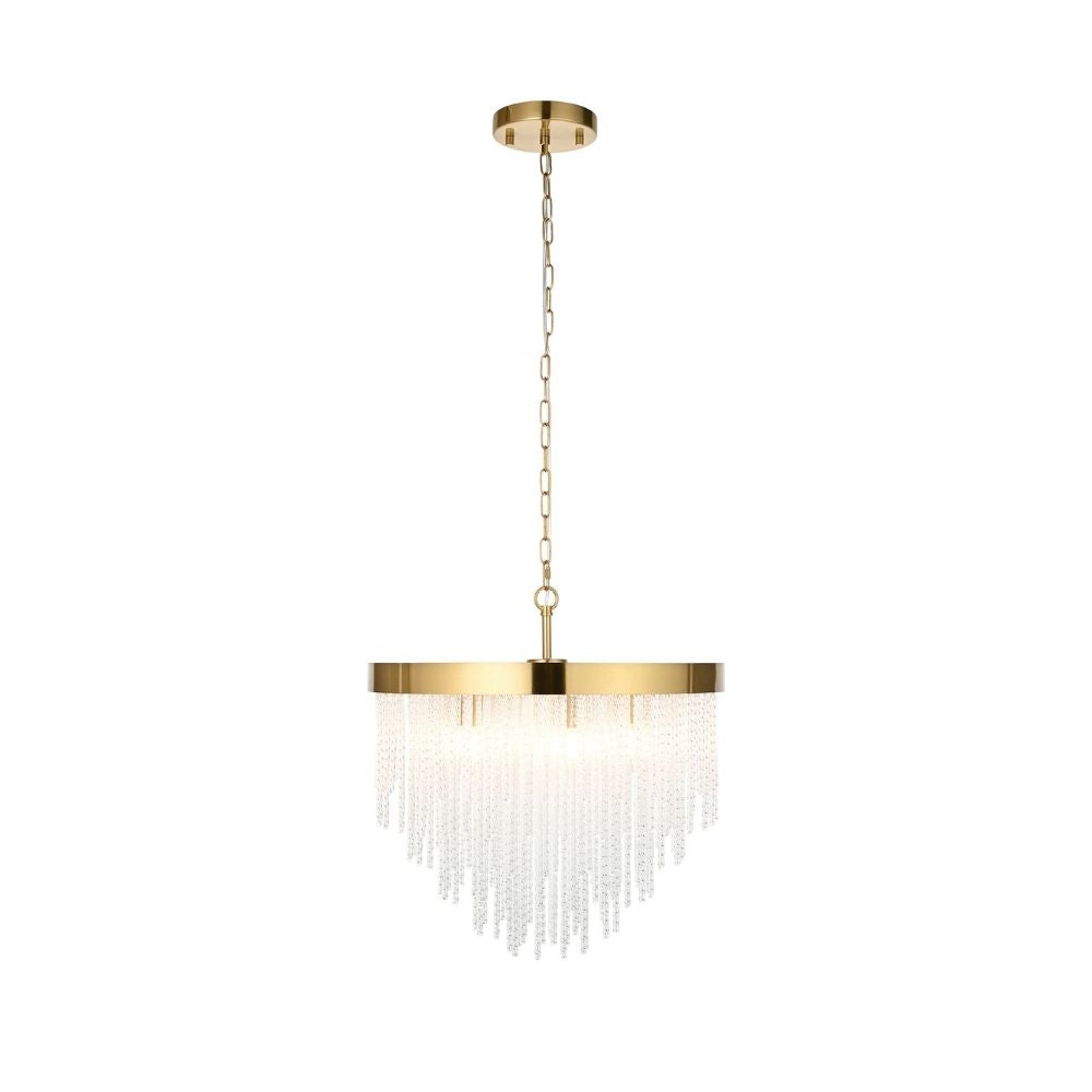 Elegant brass pendant ceiling light with layered glass rod detailing suspended from a chain against a clean background.