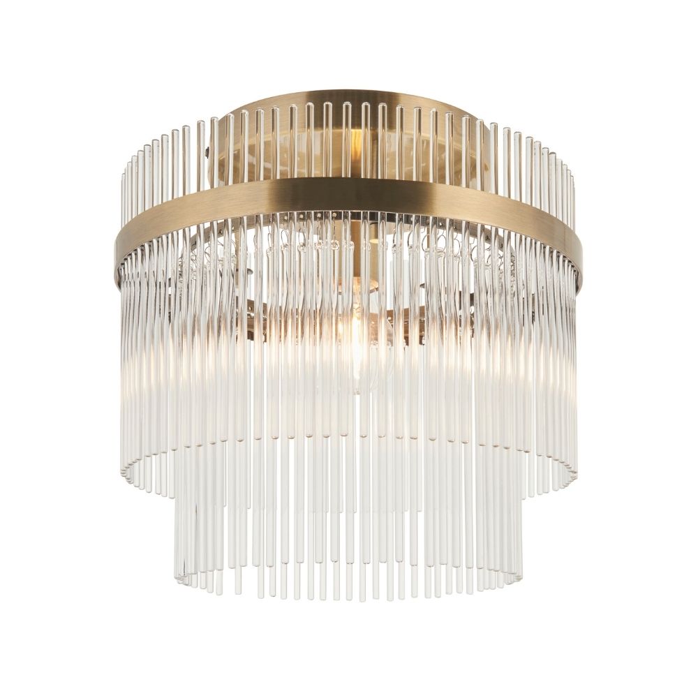 Front view of brass ceiling light with layered vertical glass rods forming a tiered flush mount design.