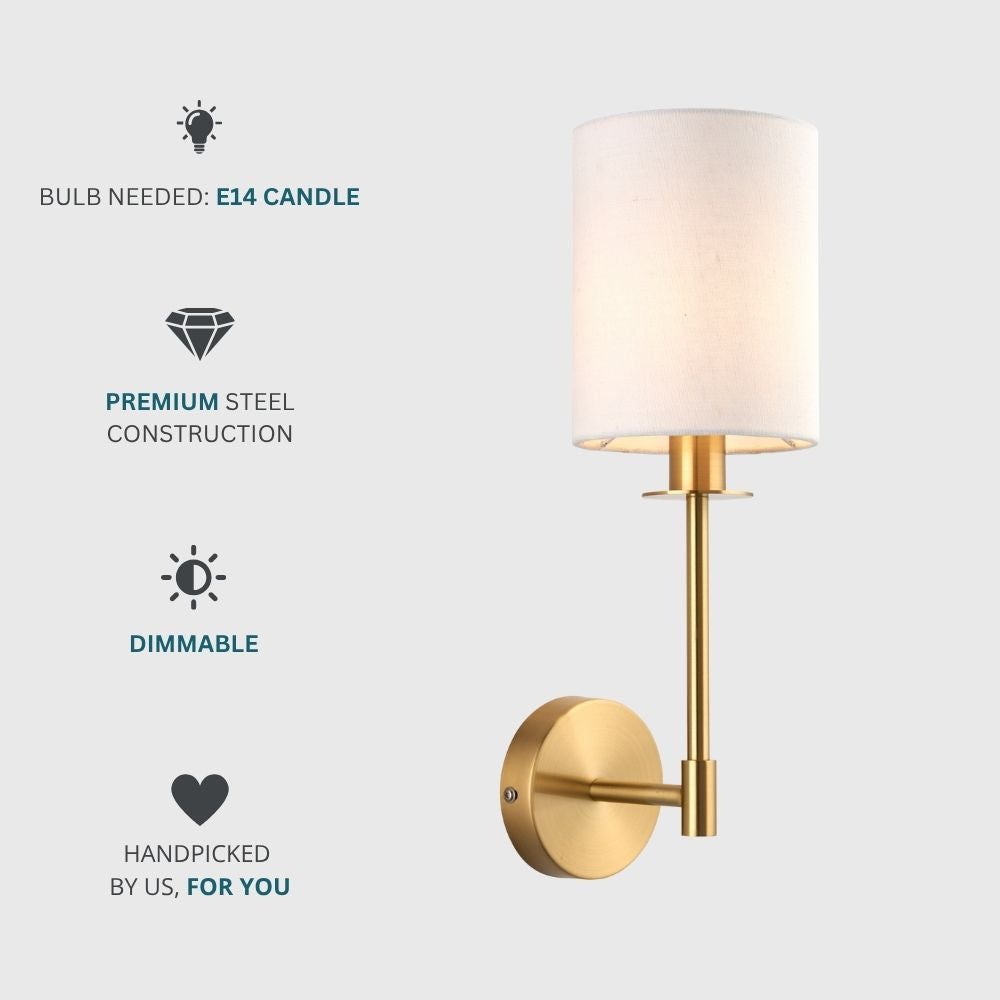 Brass wall light with white fabric shade highlighting E14 bulb requirement, dimmable function and premium steel construction.