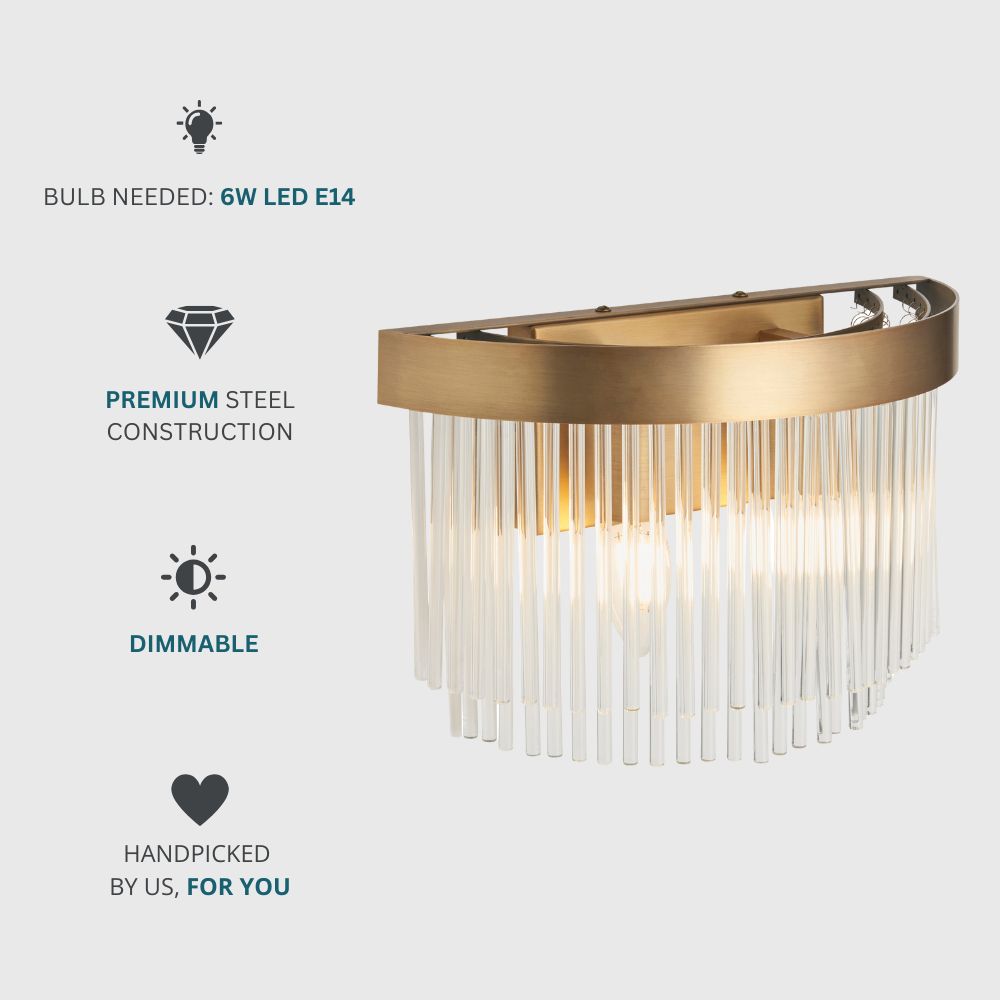 Brass wall light with cascading clear glass rods, dimmable functionality and premium steel construction graphic.