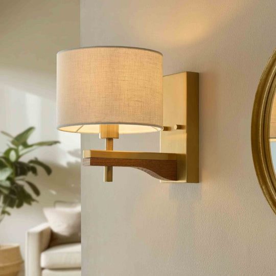 Brass Wall Light with Linen Shade and Ash Wood