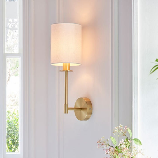 Brass Wall Light with White Fabric Shade