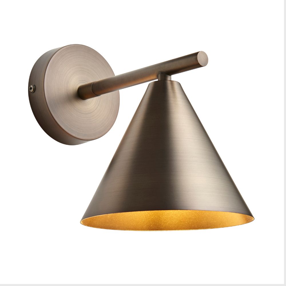 Stylish bronze cone wall sconce with a brushed metal finish and reflective gold interior shade.