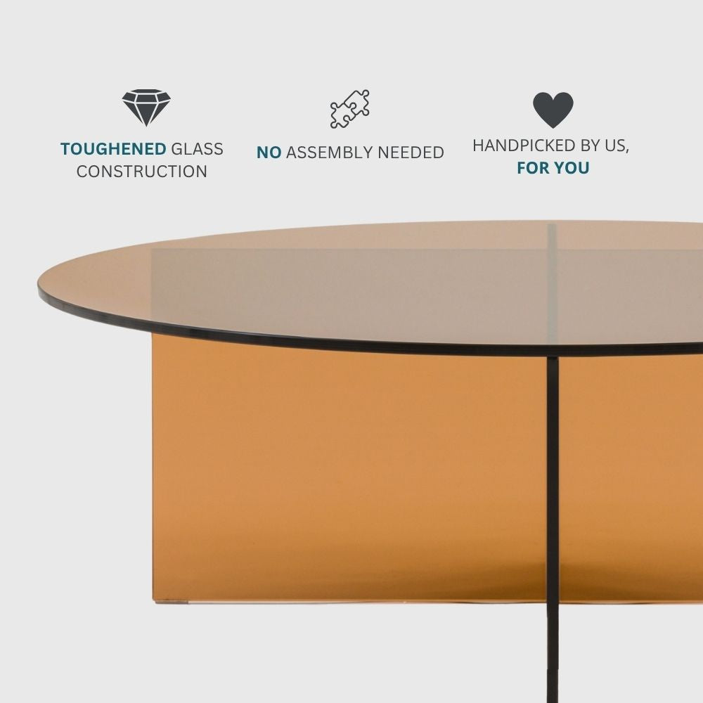 Bronze glass coffee table with icons highlighting toughened glass construction, no assembly required and curated design.