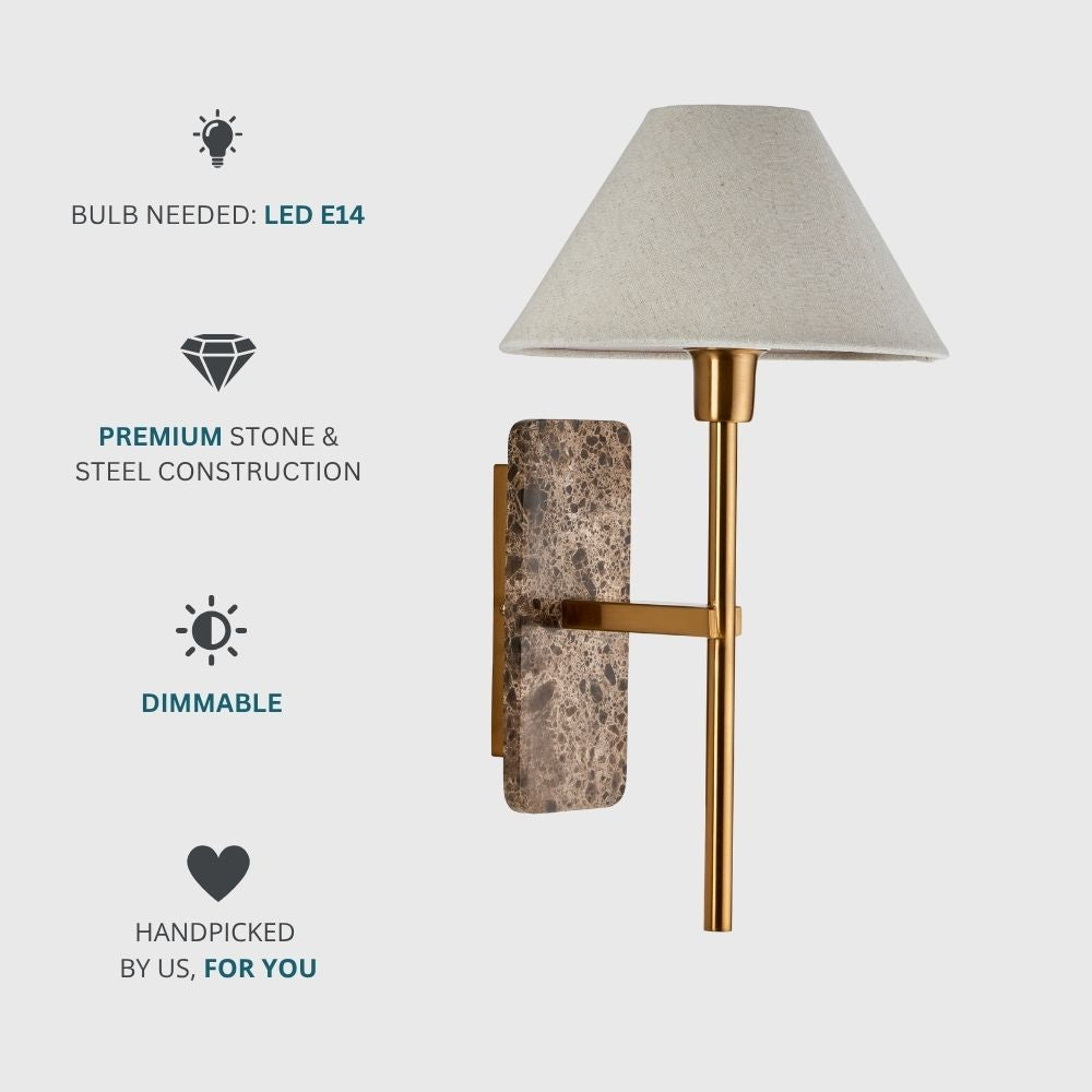 Wall light with brown marble and brass construction requiring E14 LED bulb, showcasing dimmable and premium material features.