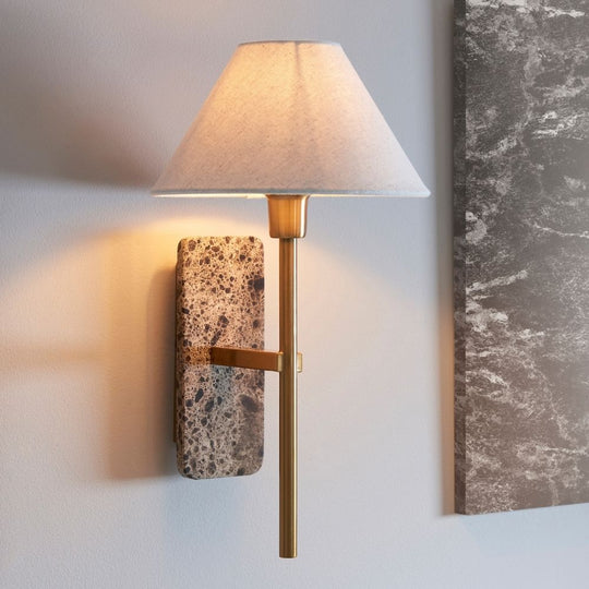 Brown Marble Backplate Wall Light with Linen Shade