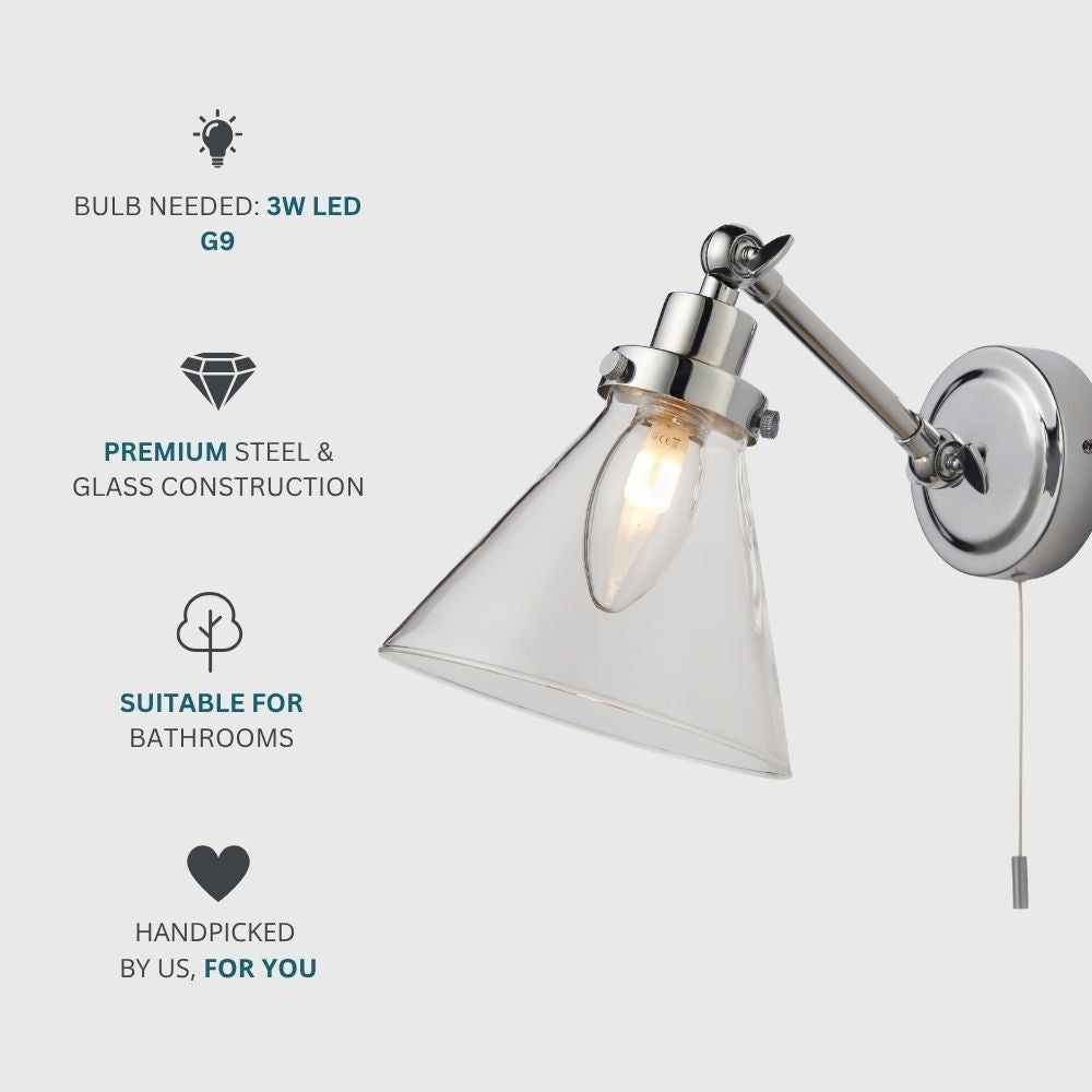 Bathroom wall light in chrome with clear glass shade, requiring G9 LED bulb, made from premium steel and glass and suitable for bathroom use.