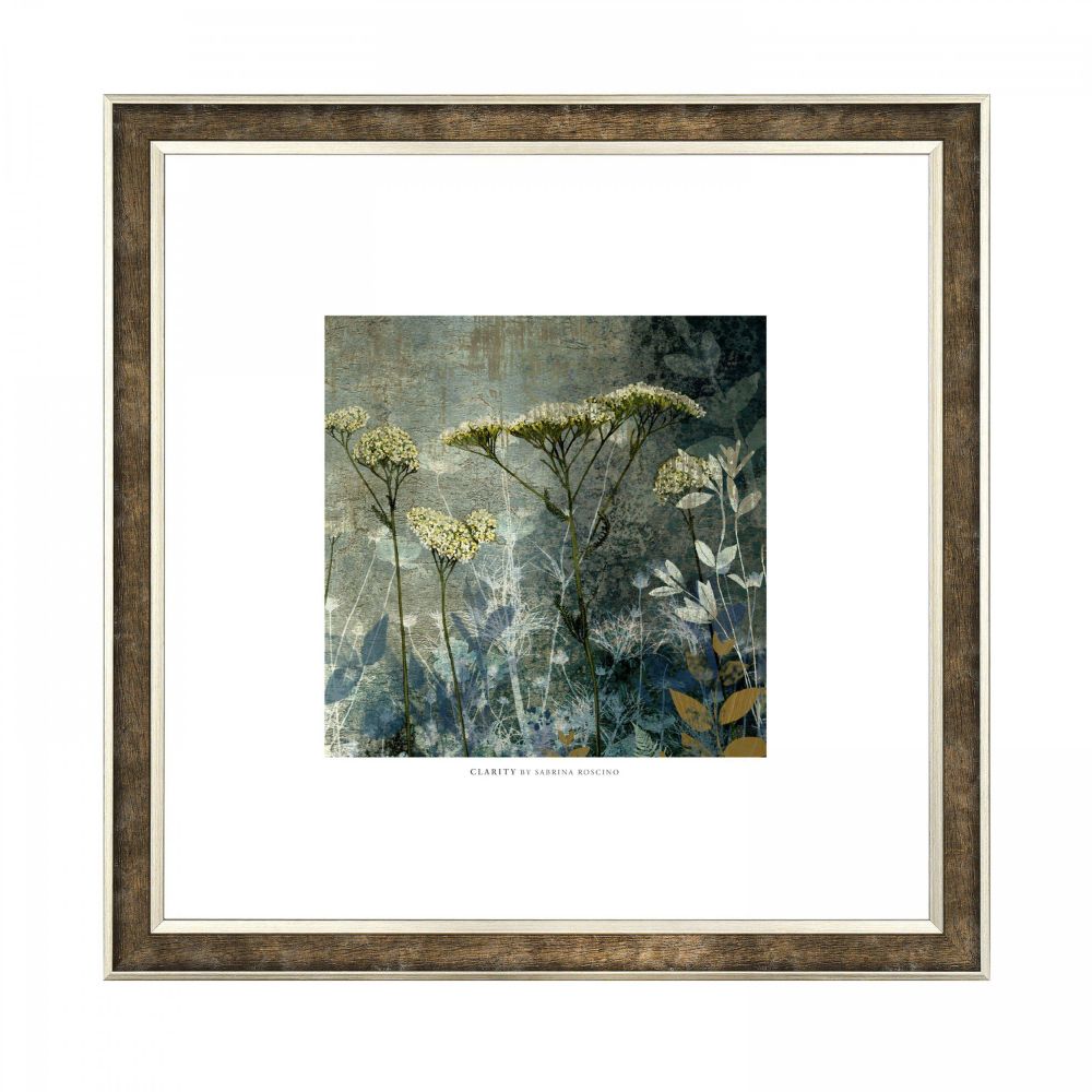 Framed artwork titled Clarity by Sabrina Roscino with soft botanical illustration and textured contemporary background.