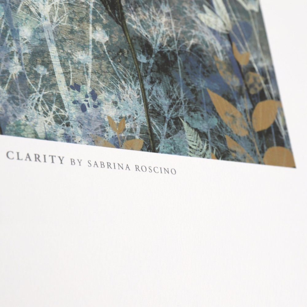 Close-up detail of the botanical art print showing layered floral textures and the Clarity by Sabrina Roscino text.