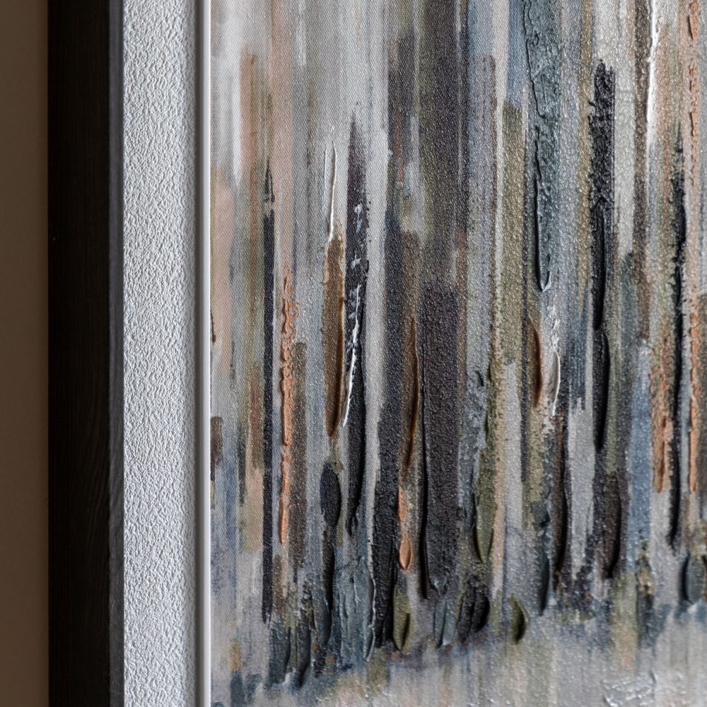 Close-up detail of textured abstract wall art showing layered vertical paint strokes in grey, taupe and black tones.