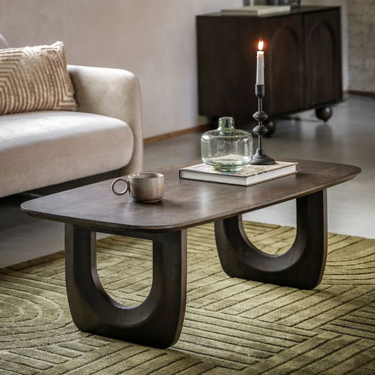Dark Mango Wood Retro Coffee Table with Carved U-Shaped Legs