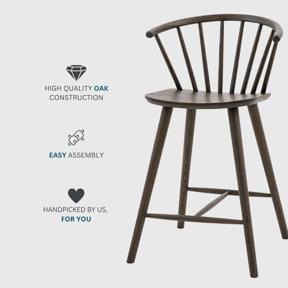 Dark oak spindle back wooden bar stool displayed with icons highlighting high quality oak construction, easy assembly and handpicked design.