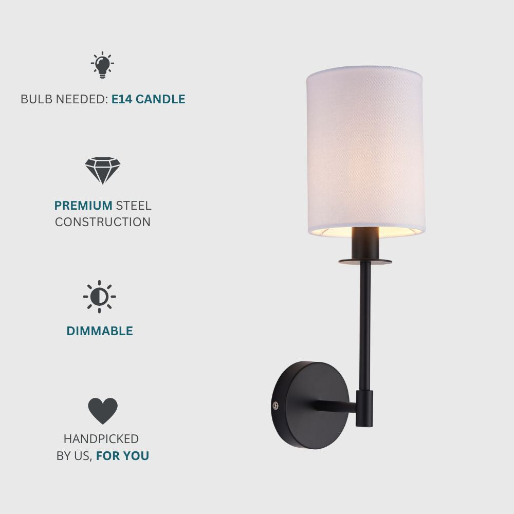 Dimmable black wall-mounted light with a white fabric shade and minimalist design suitable for bedrooms and living spaces.