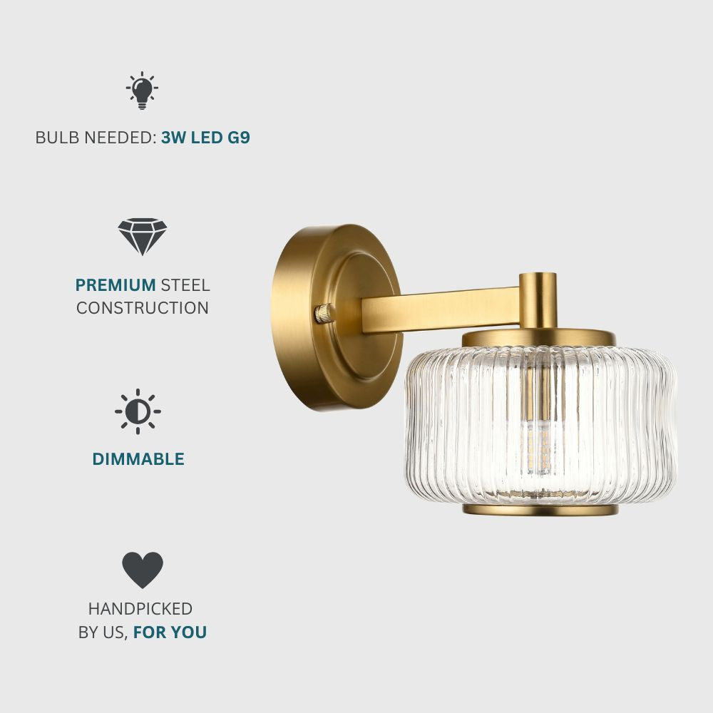 Dimmable brass wall sconce with ribbed glass shade designed for a 3W LED G9 bulb and premium steel construction.