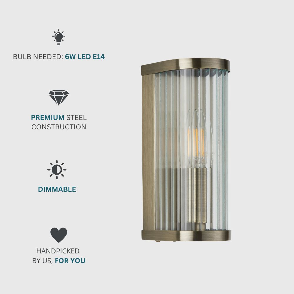 Dimmable brass wall light with clear ribbed glass panels and a contemporary cylindrical design for hallways or bedrooms.