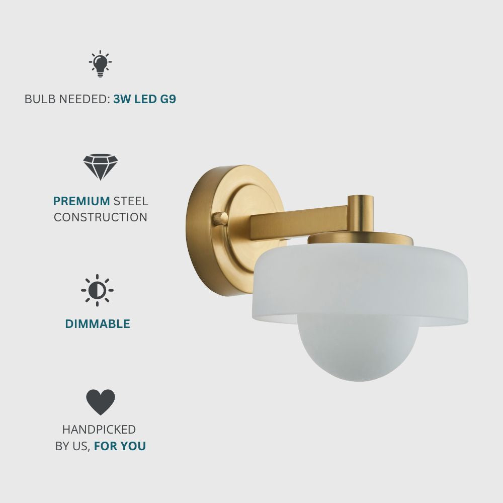 Stylish dimmable brass wall sconce with premium steel construction and G9 LED bulb compatibility.