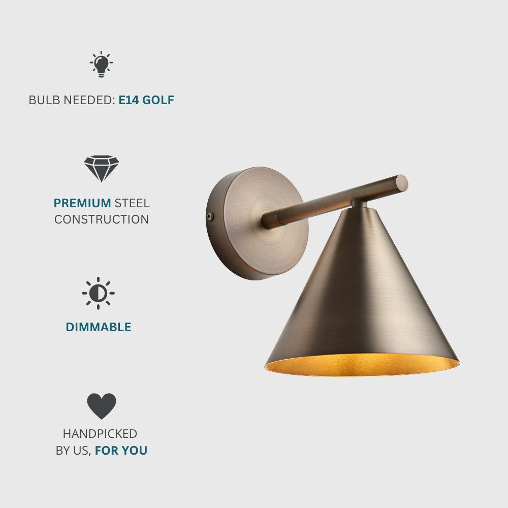 Dimmable bronze wall light with premium steel construction and E14 golf bulb compatibility.