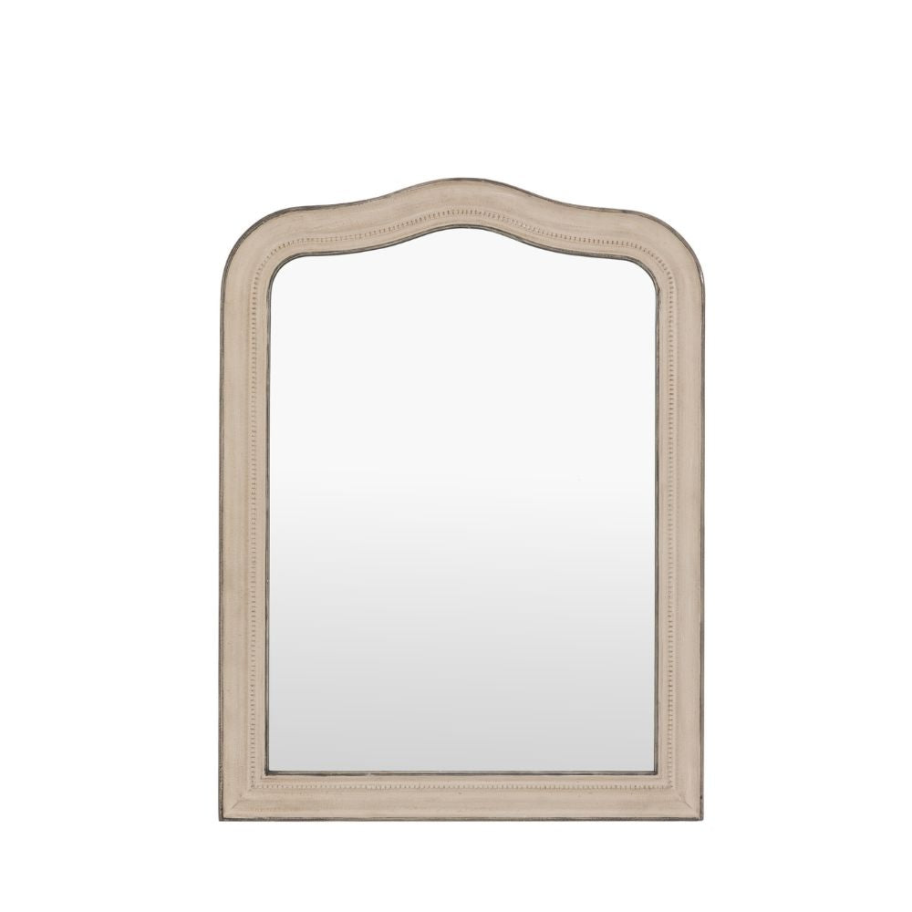 Distressed grey arched wall mirror with decorative beaded detailing isolated on a light grey background.